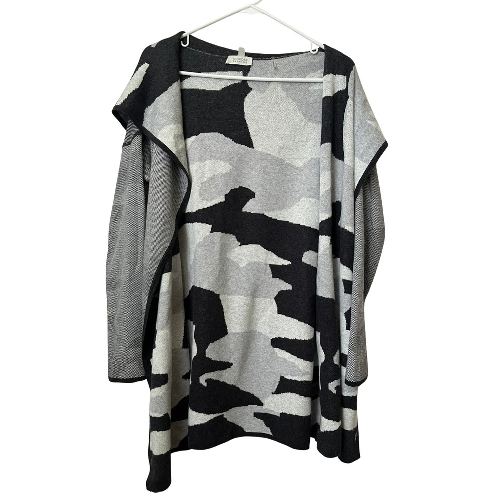 Kinross Cashmere Cardigan M Abstract Camo Artwear Draped Open Front Black Gray